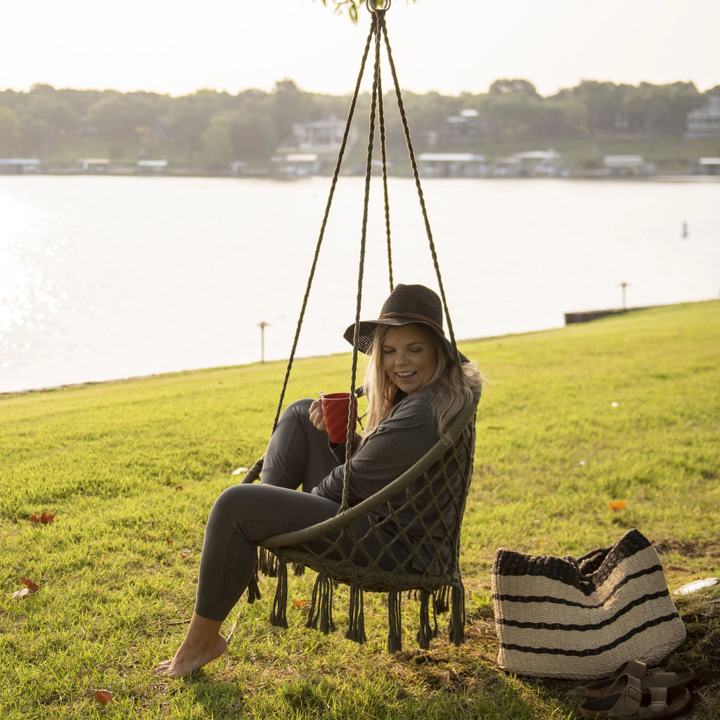 Macrame Outdoor Hammock Chair, Cotton Blend Olive Green, 47” L x 24” W, Capacity 250 lb. E544089