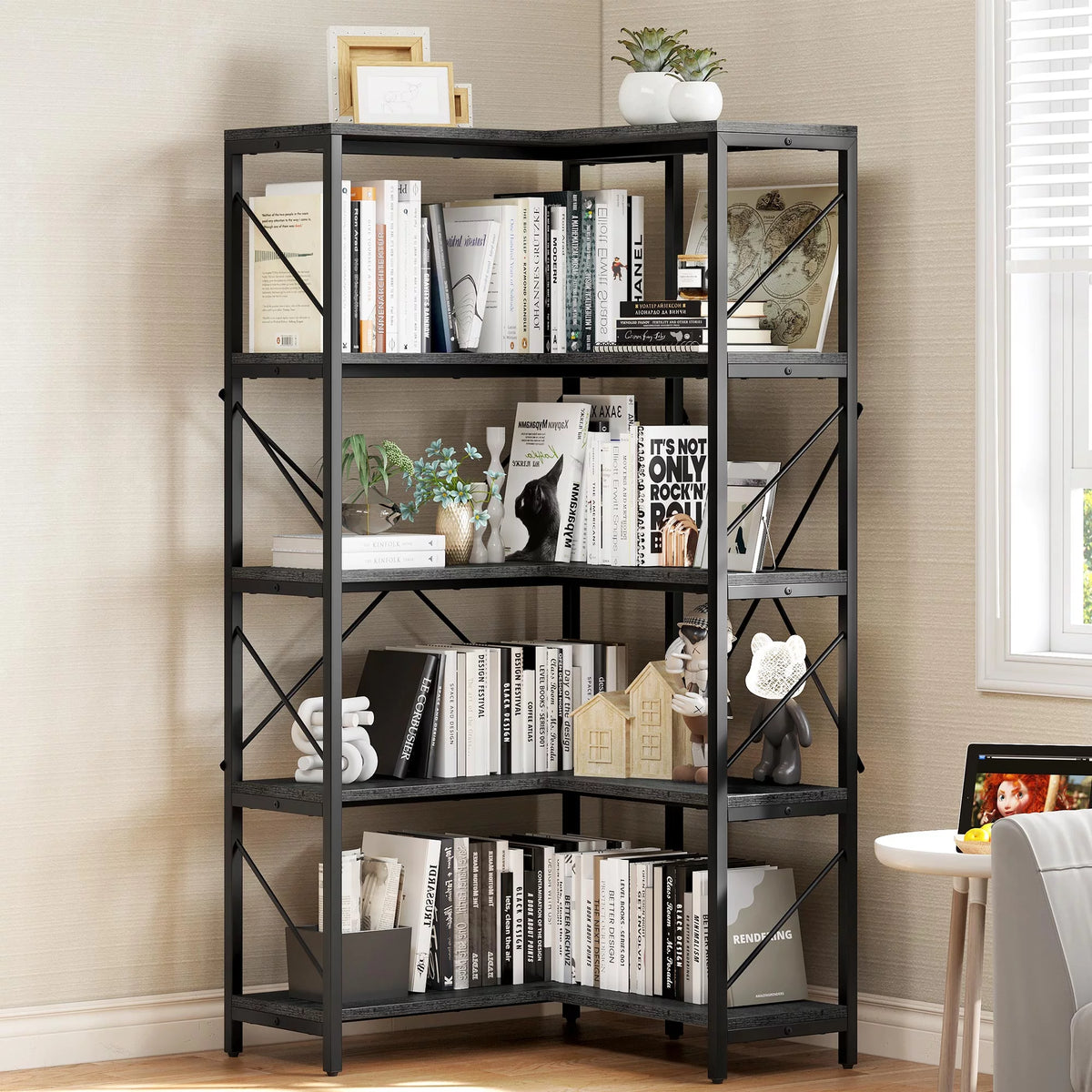 5-Tier L-Shaped Dark Gray Bookcase A1988