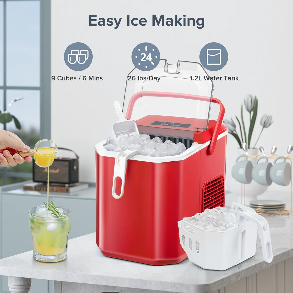 Countertop Portable Ice Maker Machine with Handle and Ice Scoop, Red H626132