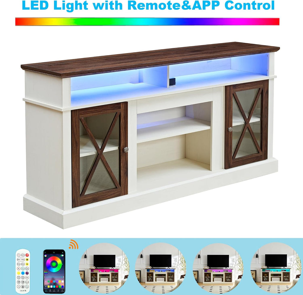 White TV Stand with Glass Barn Door and Adjustable Storage Shelves M7592