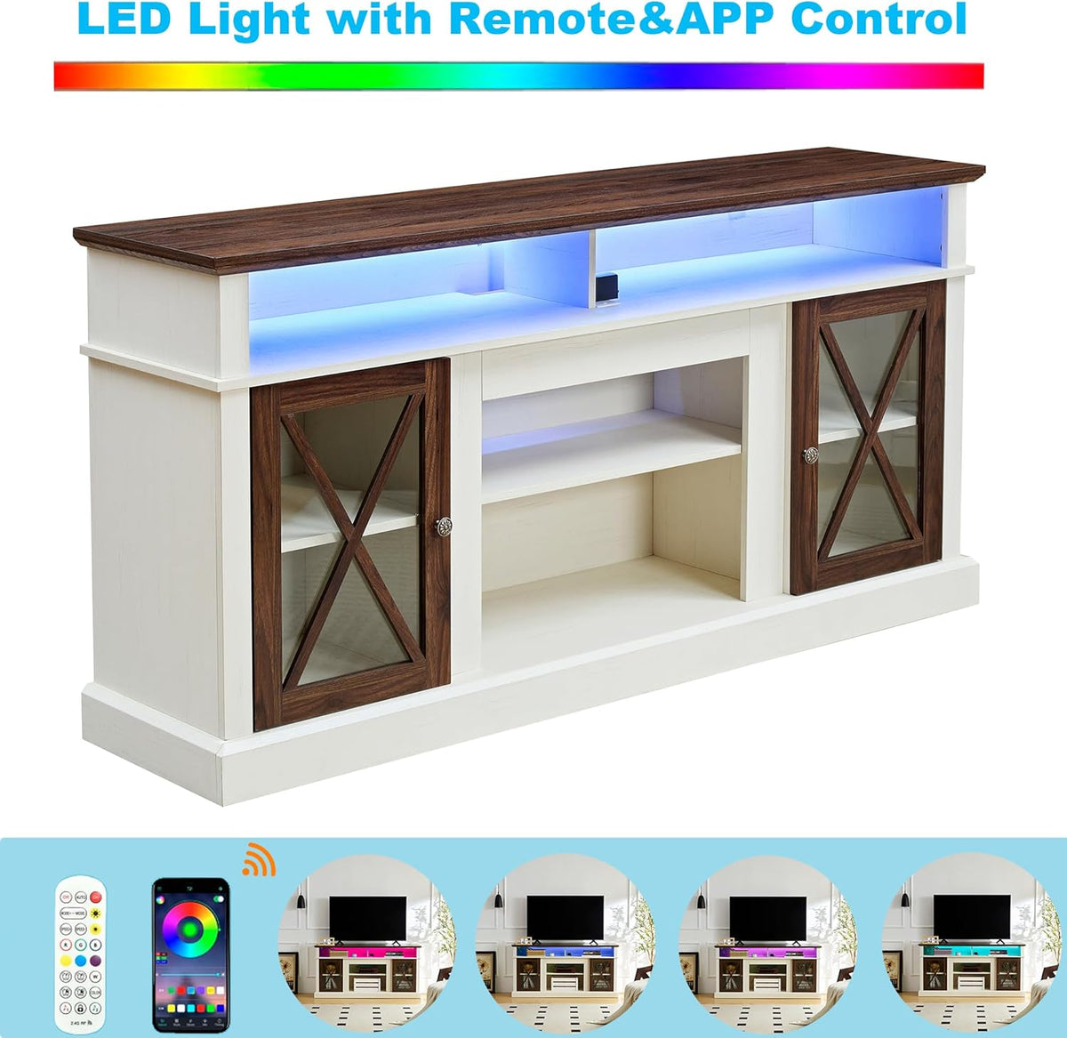 White TV Stand with Glass Barn Door and Adjustable Storage Shelves M7592