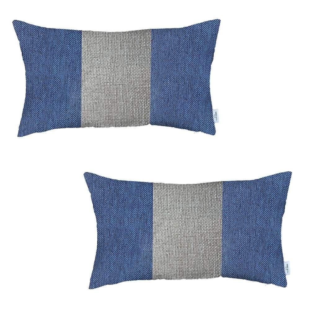 Set Of Two 20" X 12" Grey And Blue Geometric Polyester Lumbar Pillow J725944