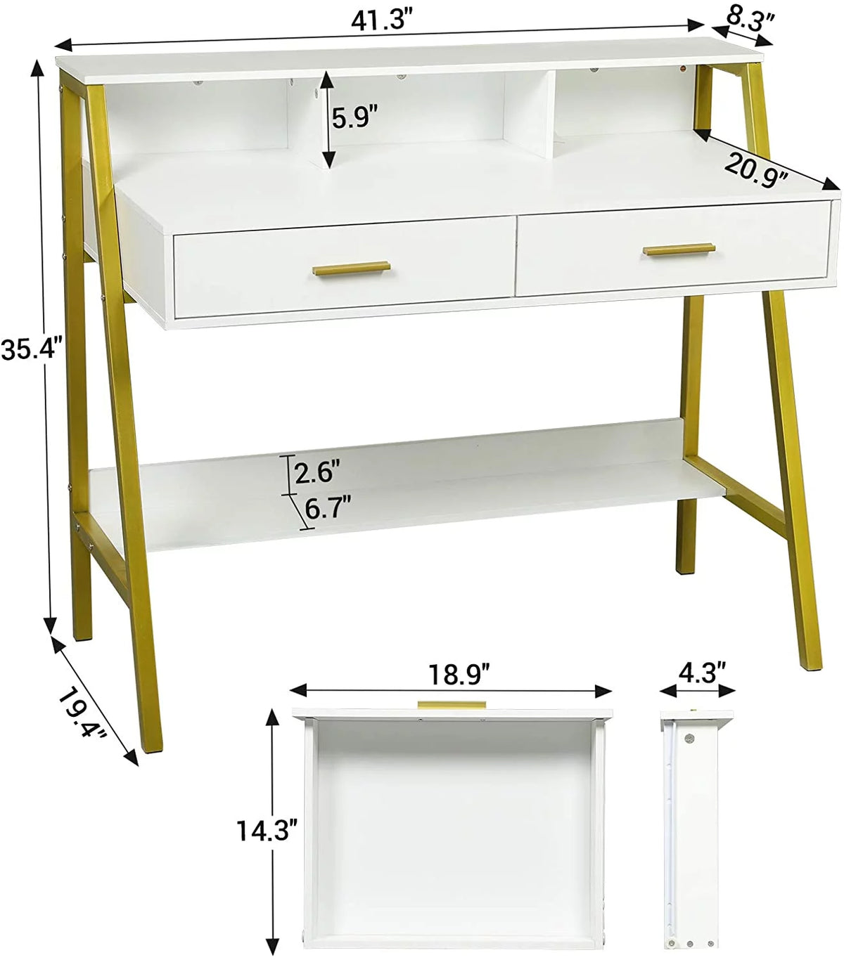 White and Gold Computer Desk with Drawers C432838