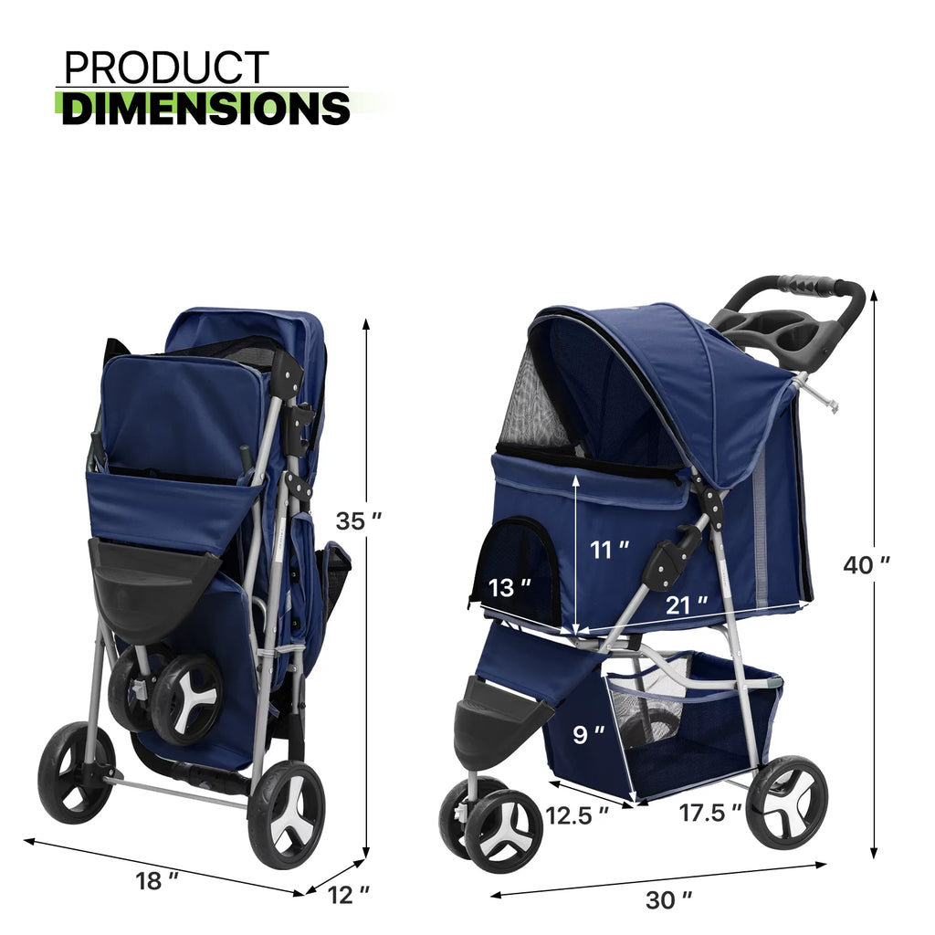 Foldable Pet Stroller with Wheels, Storage Basket and Cup Holder, Navy Blue Z315
