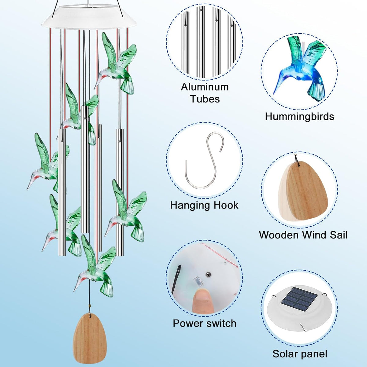 7-Color Changing Solar Wind Chime with 4 Aluminum Tubes Y31853