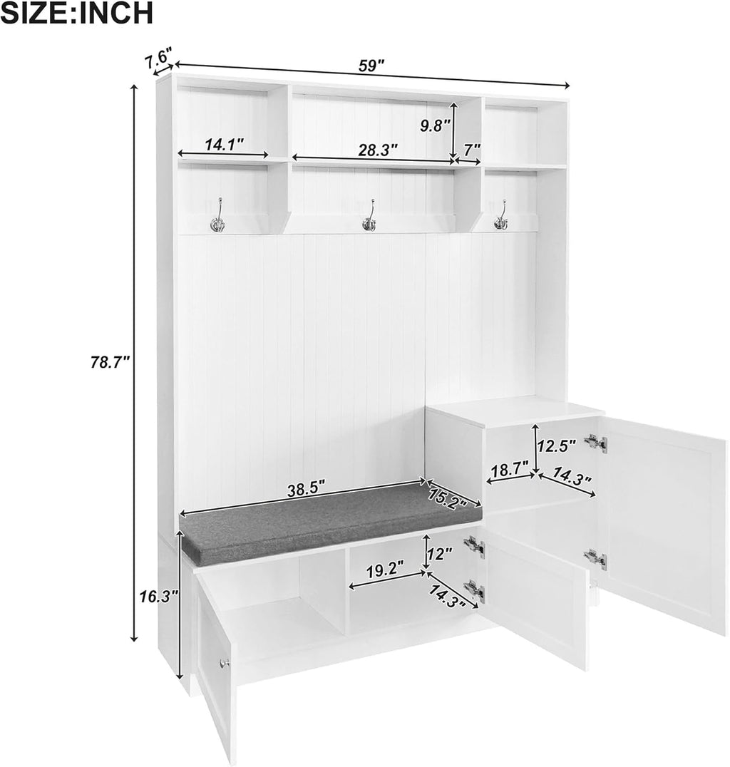 White Hall Tree with Cushion Bench and Shoe Storage A980790