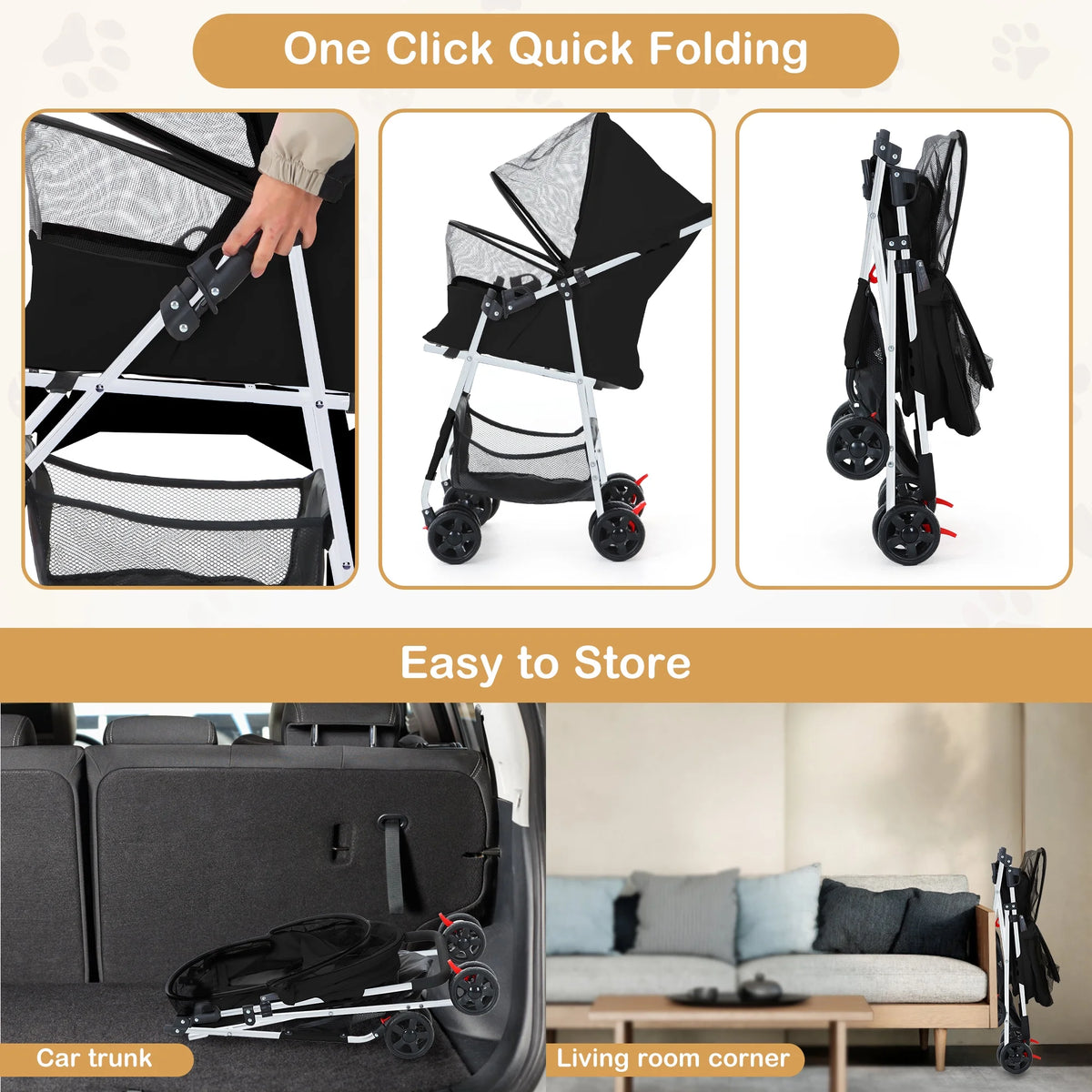 Folding Pet Stroller with Storage Basket, Black G1938