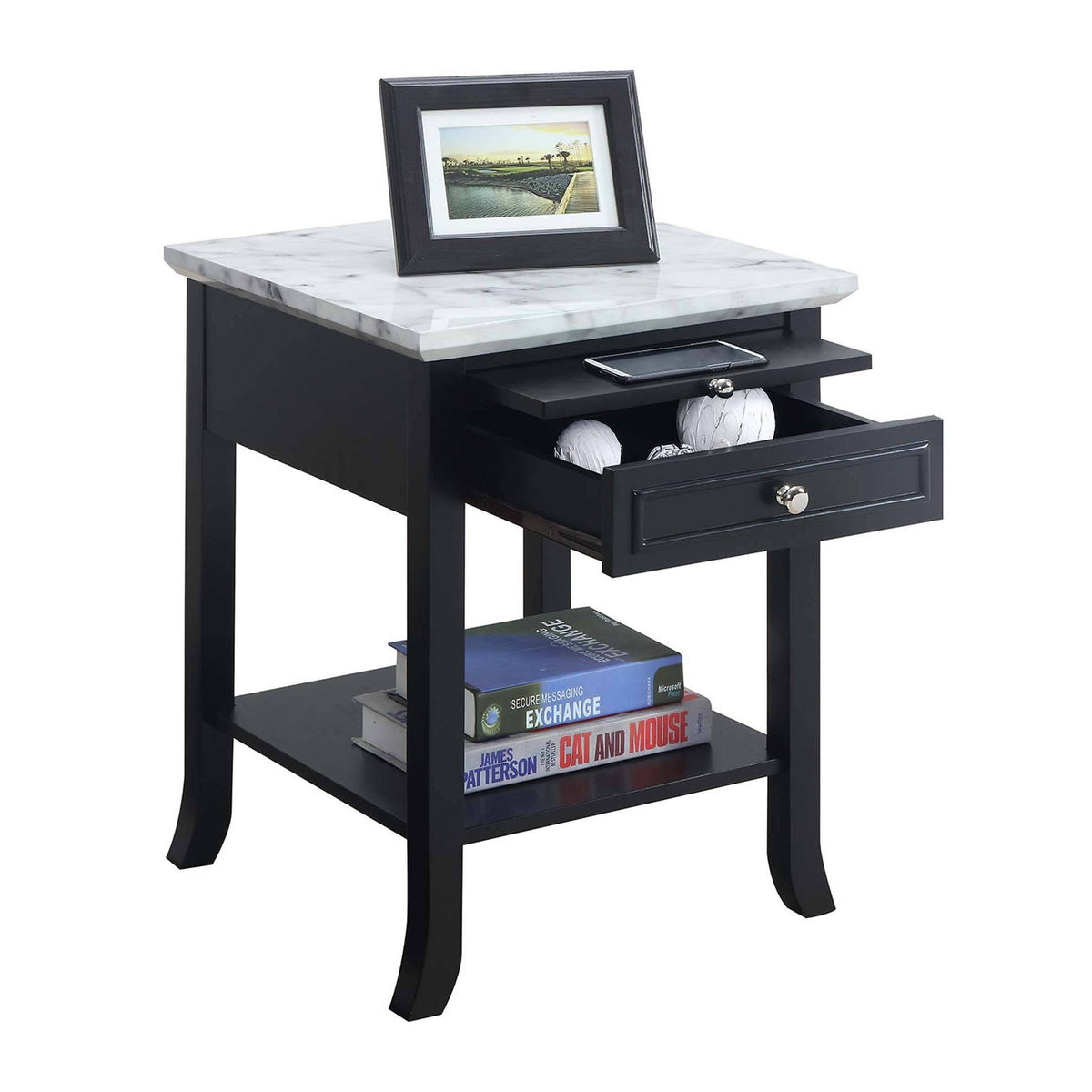 White Faux Marble End Table with Drawer L971