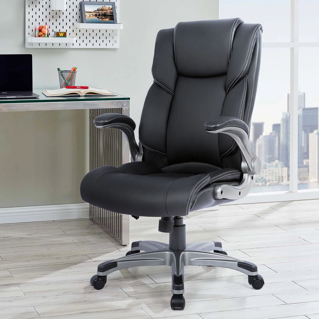 High Back Ergonomic Leather Office Chair with Flip-up Arms Q61963
