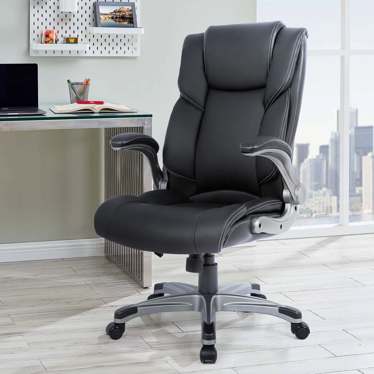 High Back Ergonomic Leather Office Chair with Flip-up Arms Q61963