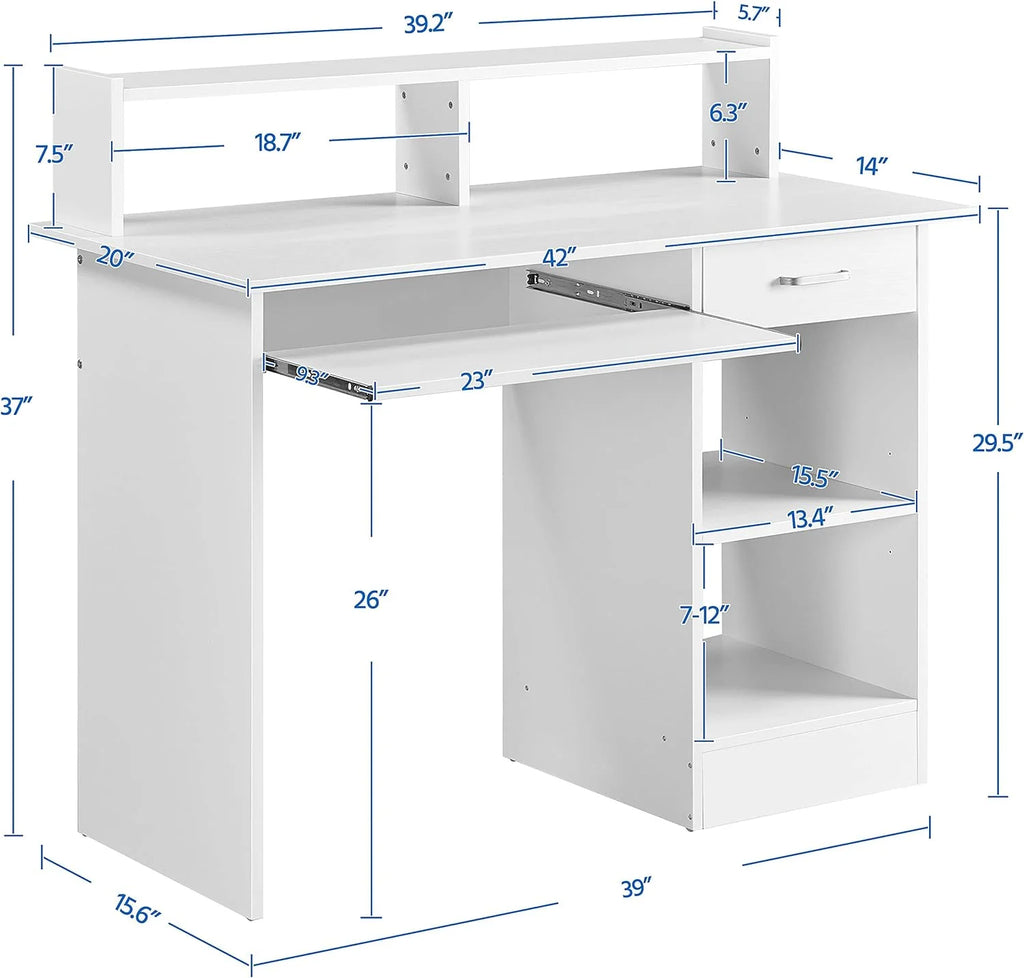 White Computer Desk with Keyboard Tray and Drawers H311