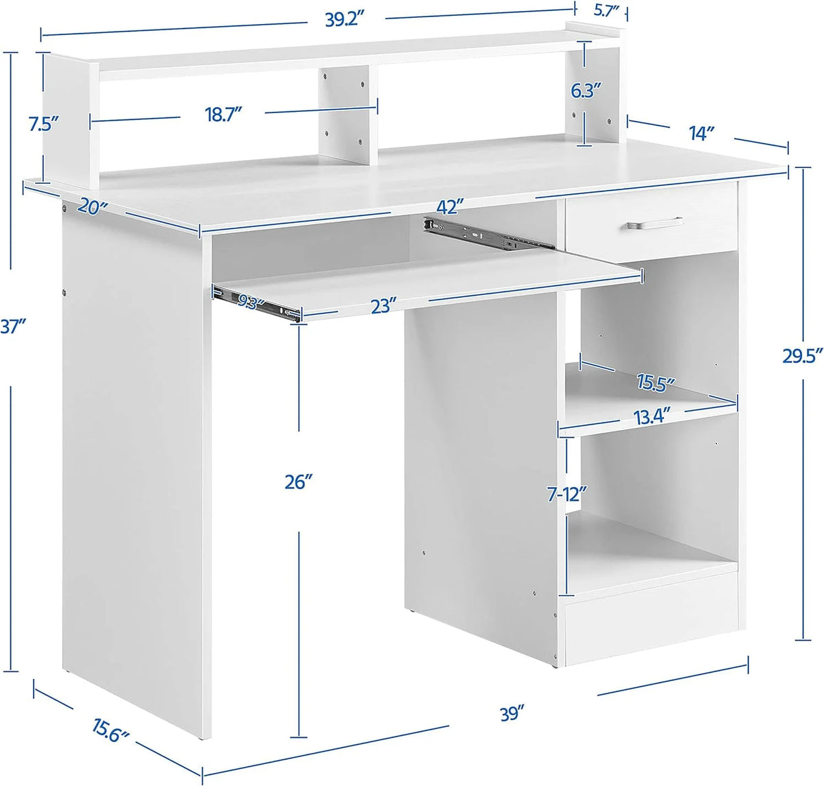 White Computer Desk with Keyboard Tray and Drawers H311