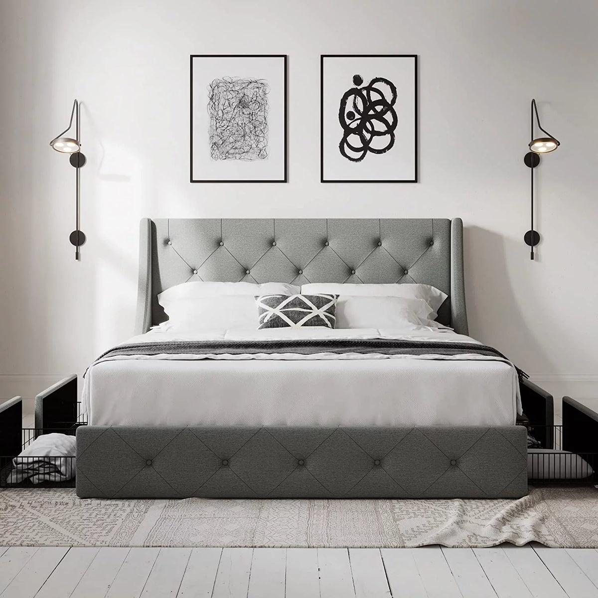 Queen Size Bed Frame with 4 Storage Drawers H320