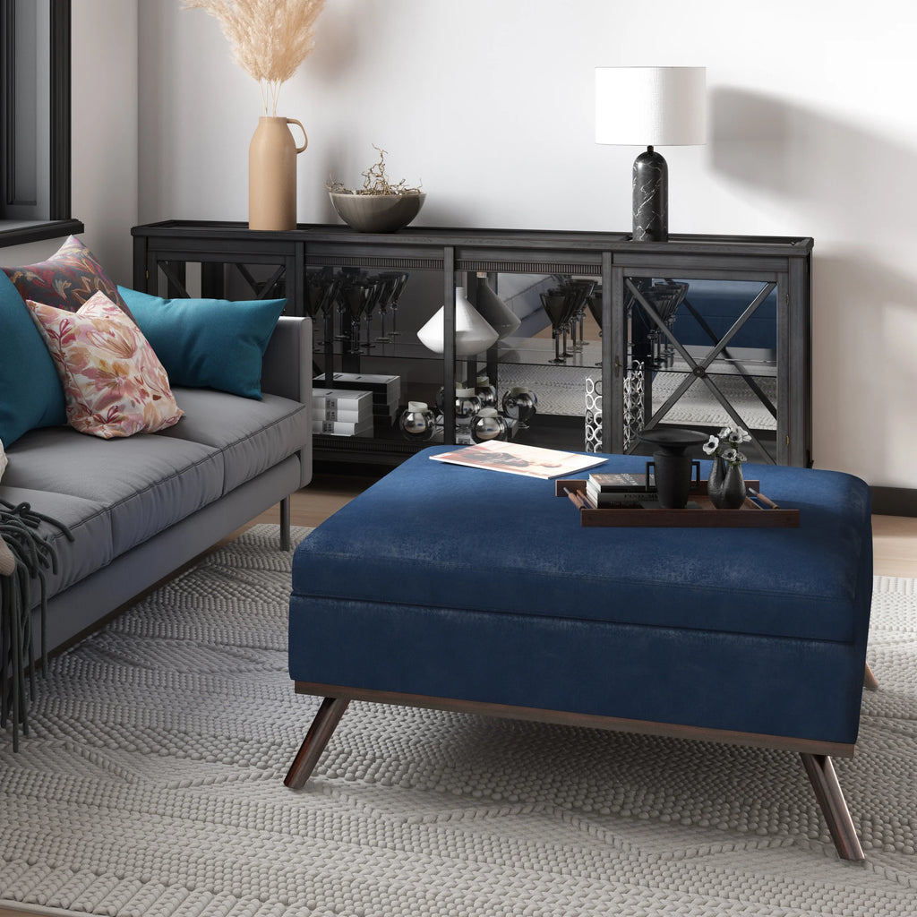 Distressed Dark Blue Faux Leather Square Coffee Table Storage Ottoman G661557