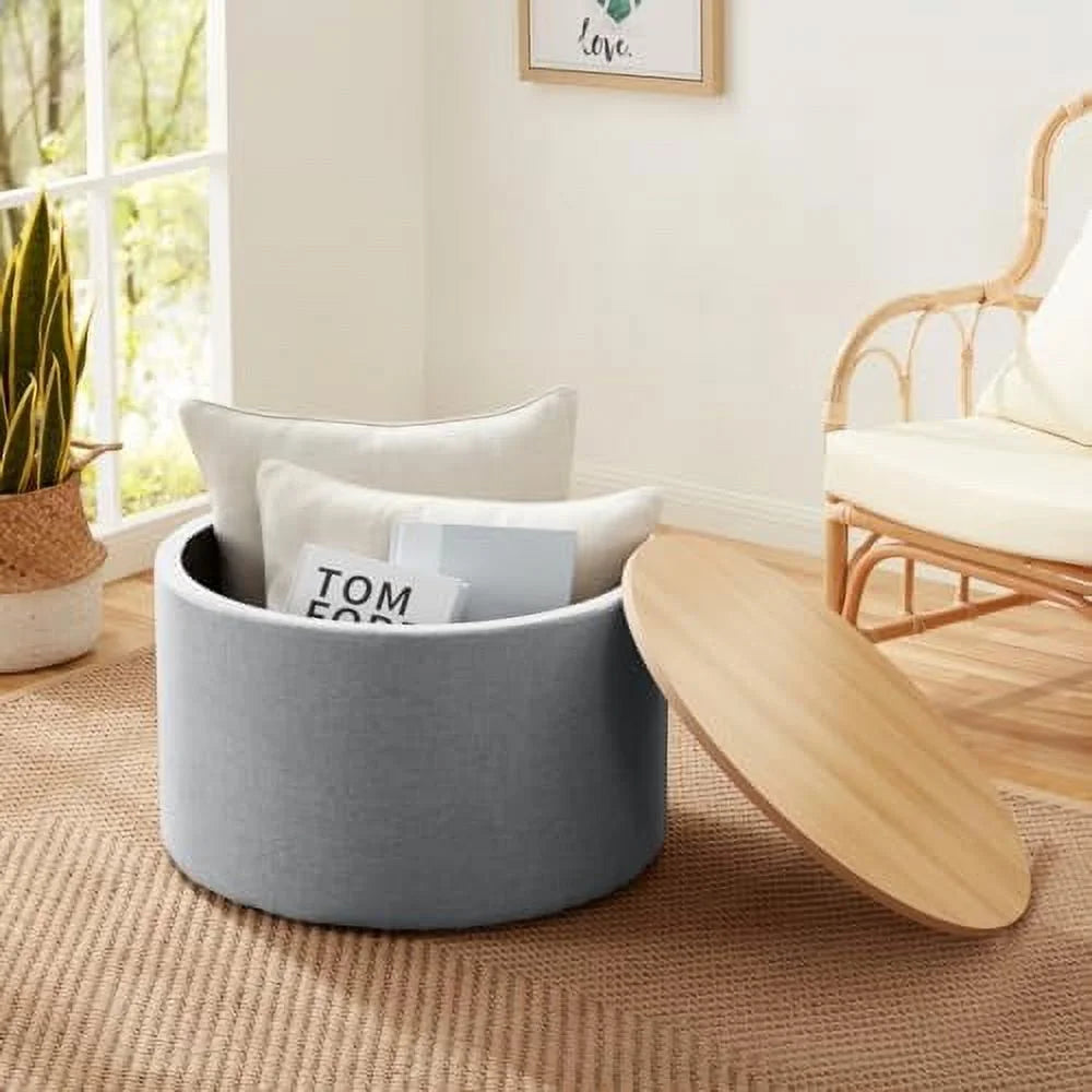 Large Round Linen Beige Coffee Table Ottoman with Lift Off Lid W3117