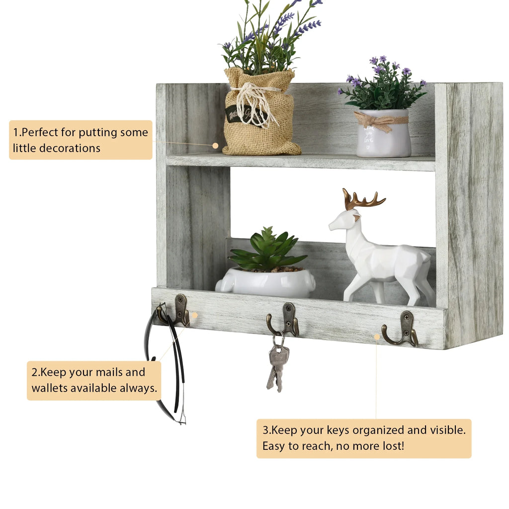 Rustic Wood Floating Storage Shelf with 3 Hooks J304
