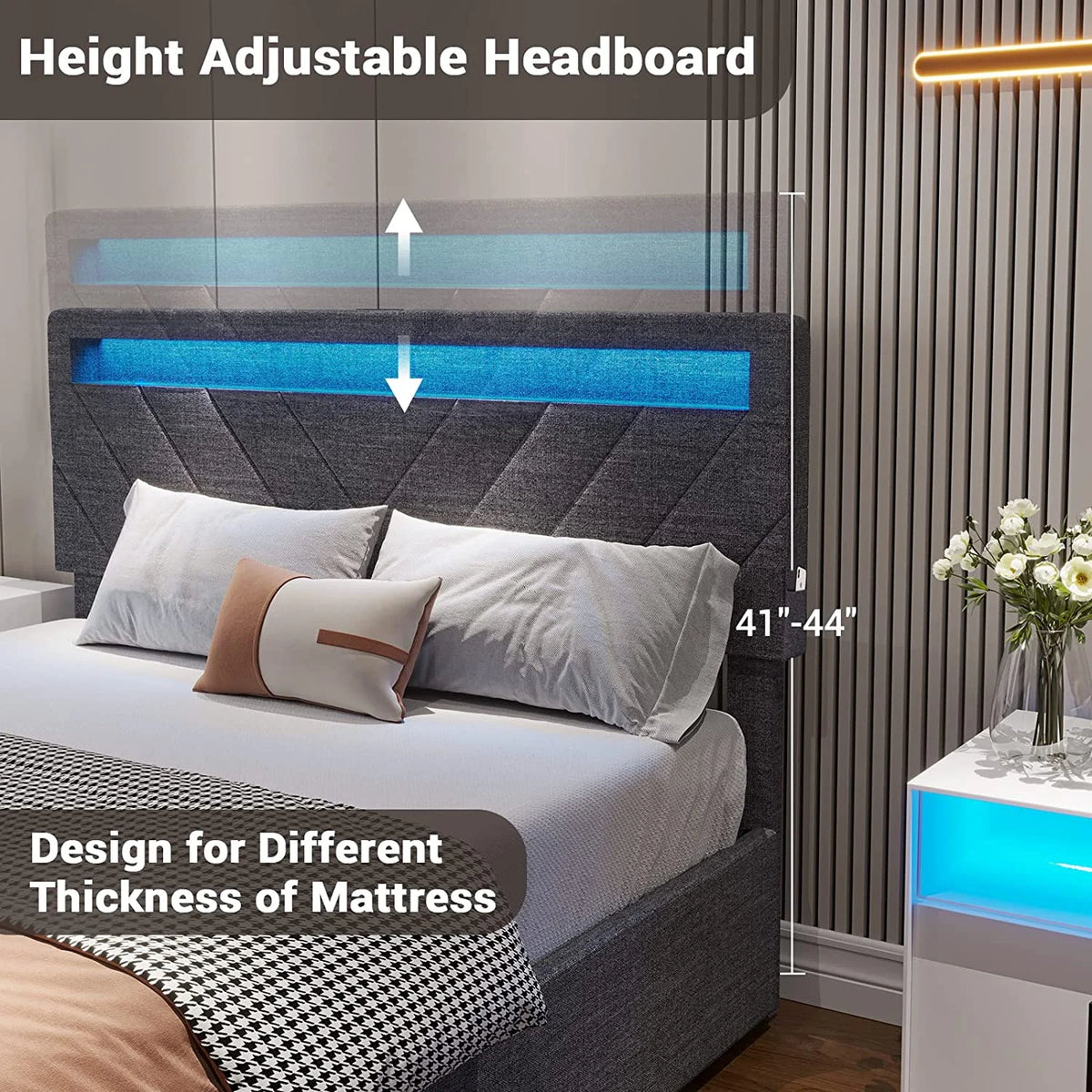 Queen Platform Bed Frame with 4 Storage Drawers, 2 USB Ports, LED Headboard, Dark Grey R327