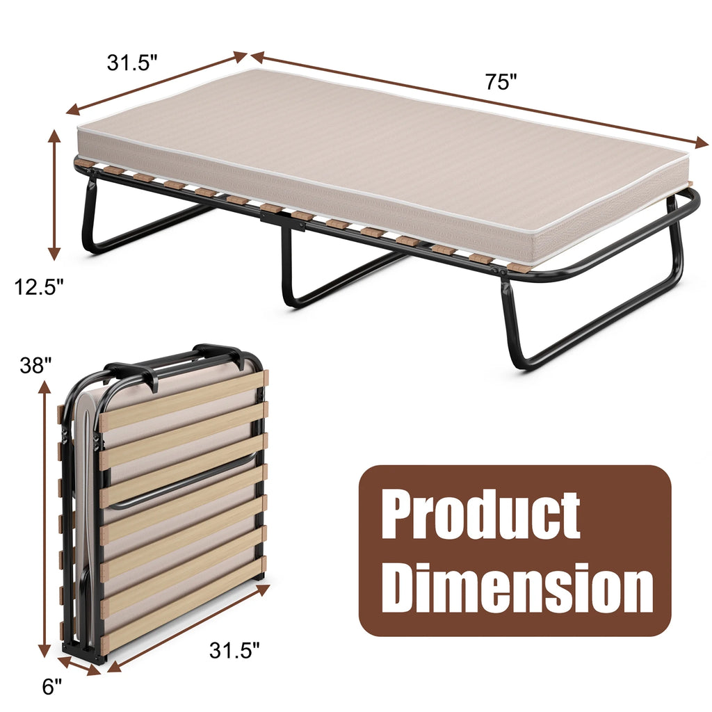 Portable Folding Guest Bed Cot with Memory Foam Mattress Twin Size Y645336