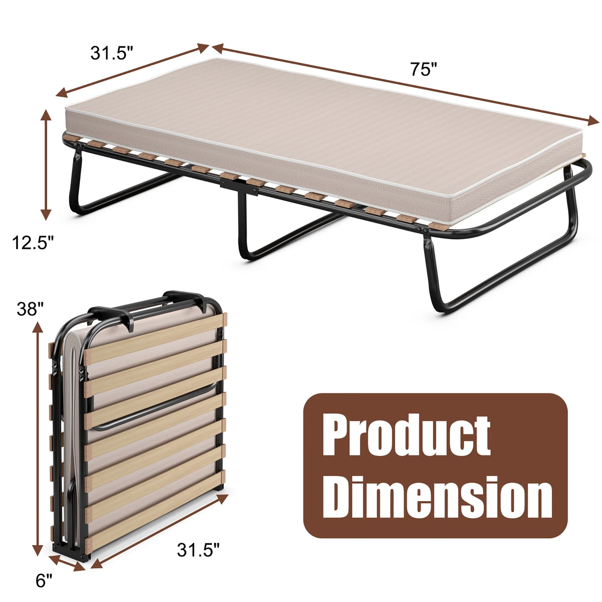 Portable Folding Guest Bed Cot with Memory Foam Mattress Twin Size Y645336