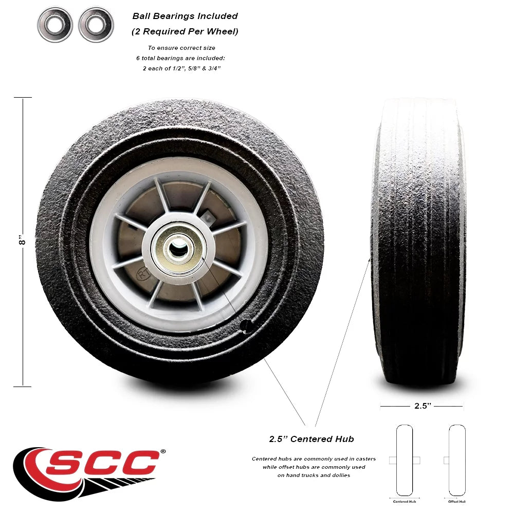 8" x 2.5" Flat Free Hand Truck Appliance Dolly Wheel with 2.5" Centered Hub and Ball Bearings, 440 lbs. Capacity E75439