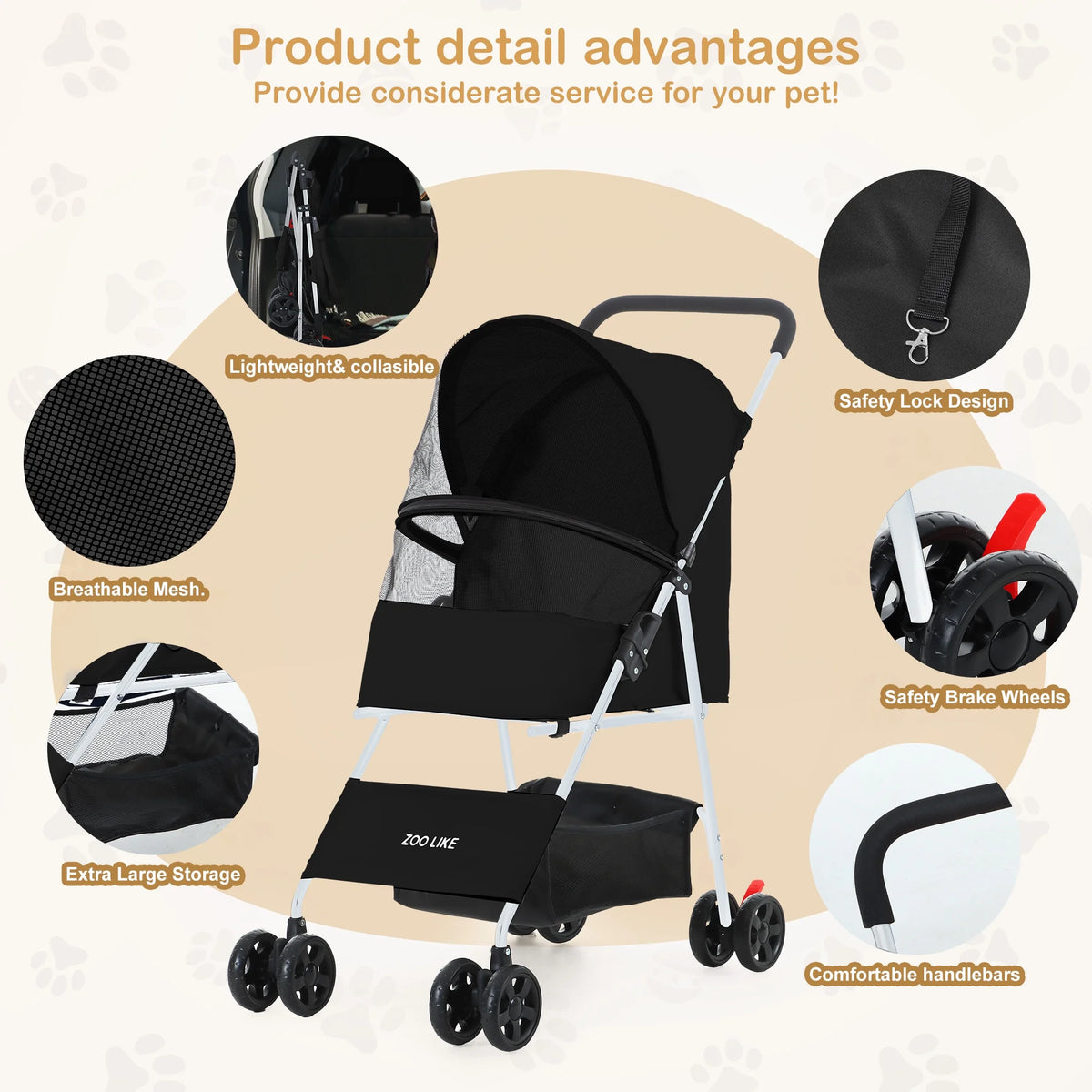 Folding Pet Stroller with Storage Basket, Black G1938