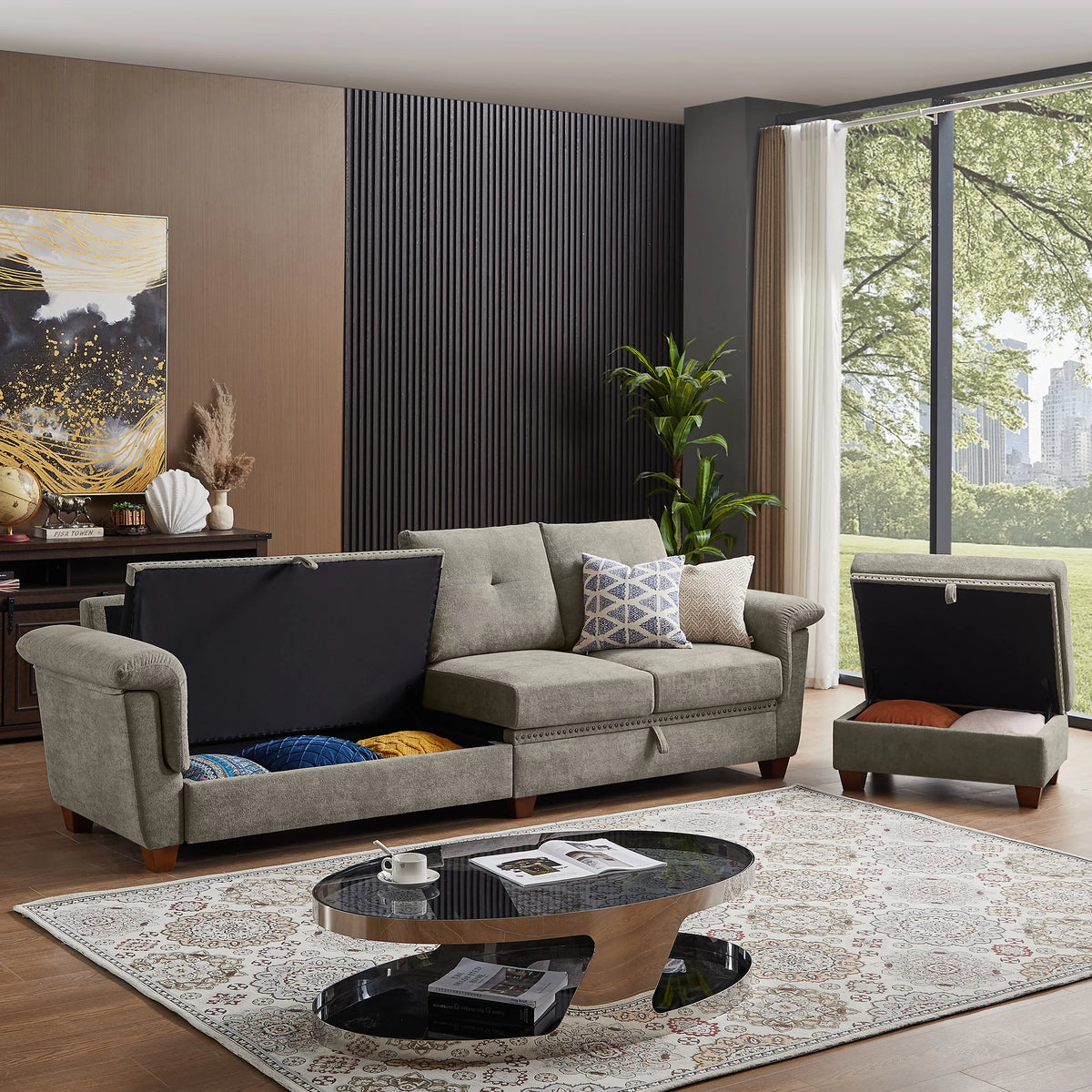 Light Gray L-Shaped Sectional Sofa with Ottoman U390