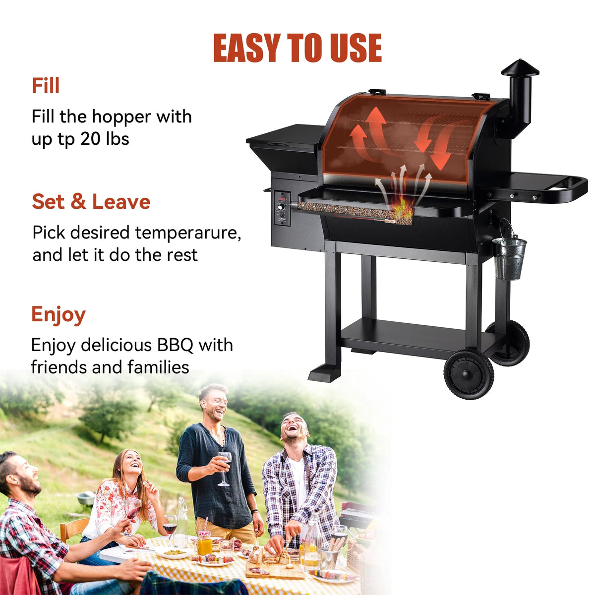 Wood Pellet Grill and Smoker 8-in-1 BBQ Black M3975