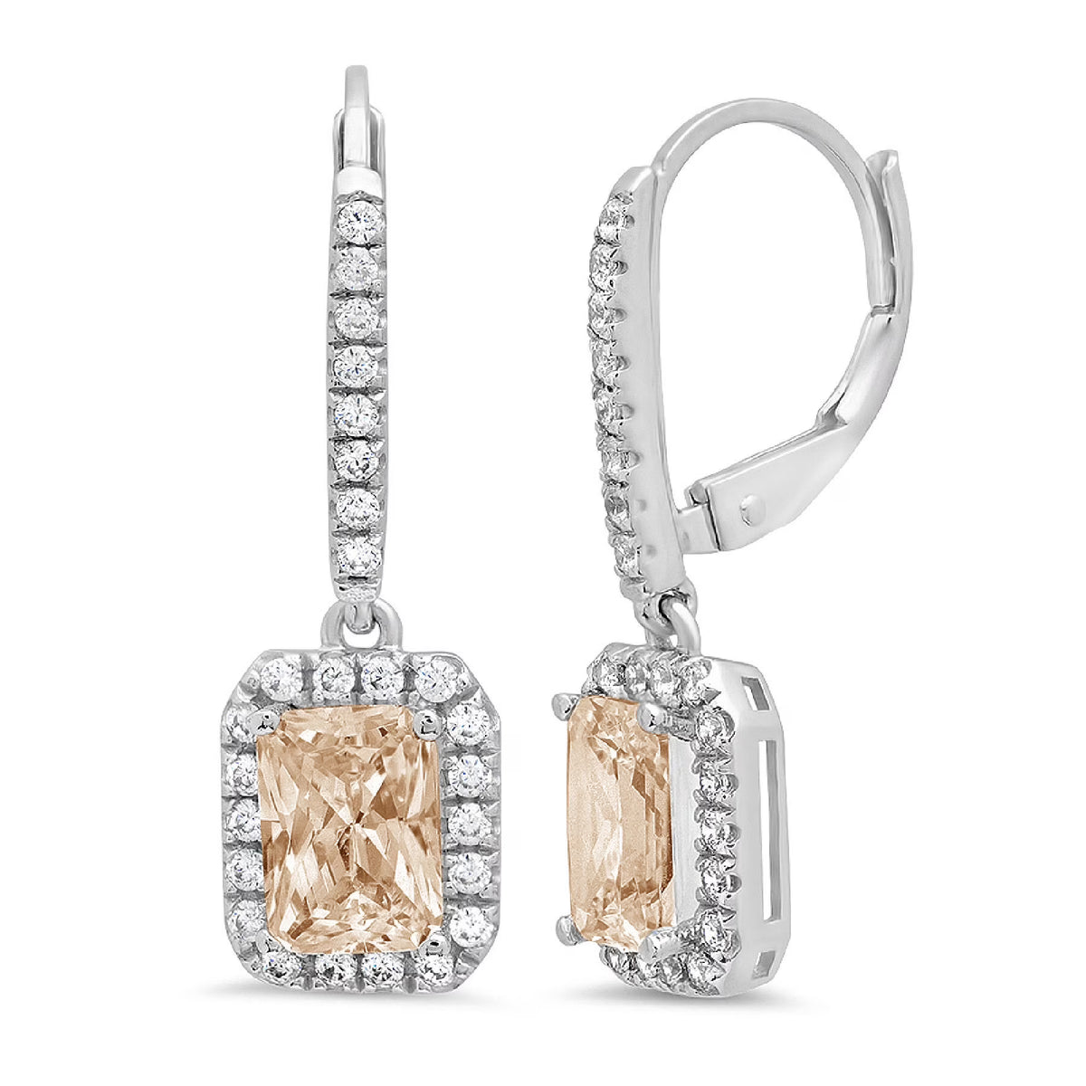 18K White Gold Emerald Cut Halo Drop Dangle Earrings U38258