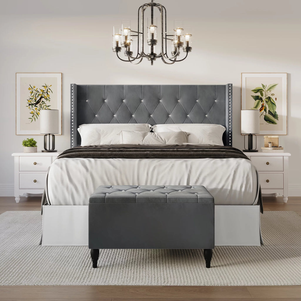 Black Velvet Upholstered Storage Bench Bed E77125