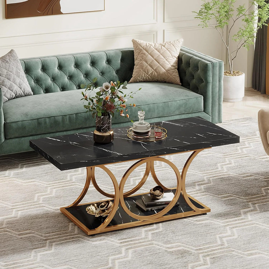 2-Tier Faux Marble Wood Coffee Table with Storage Shelf W318