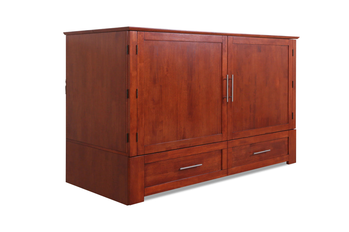 Queen Cherry Murphy Cabinet Chest Bed with Charging Station & 6" Memory Foam Mattress Q653502