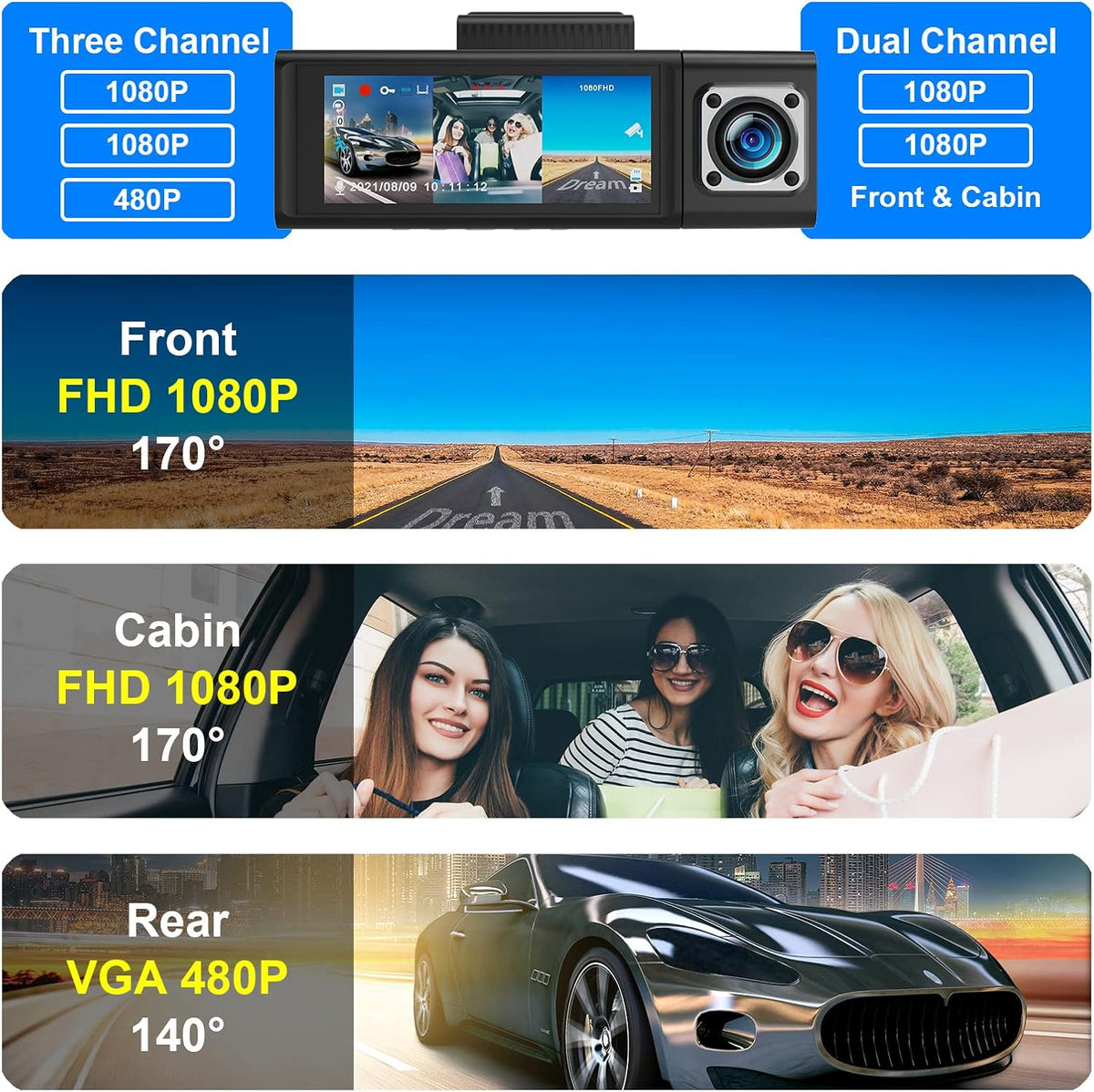 3 Channel Dash Cam Front and Rear Inside 1080P R591606