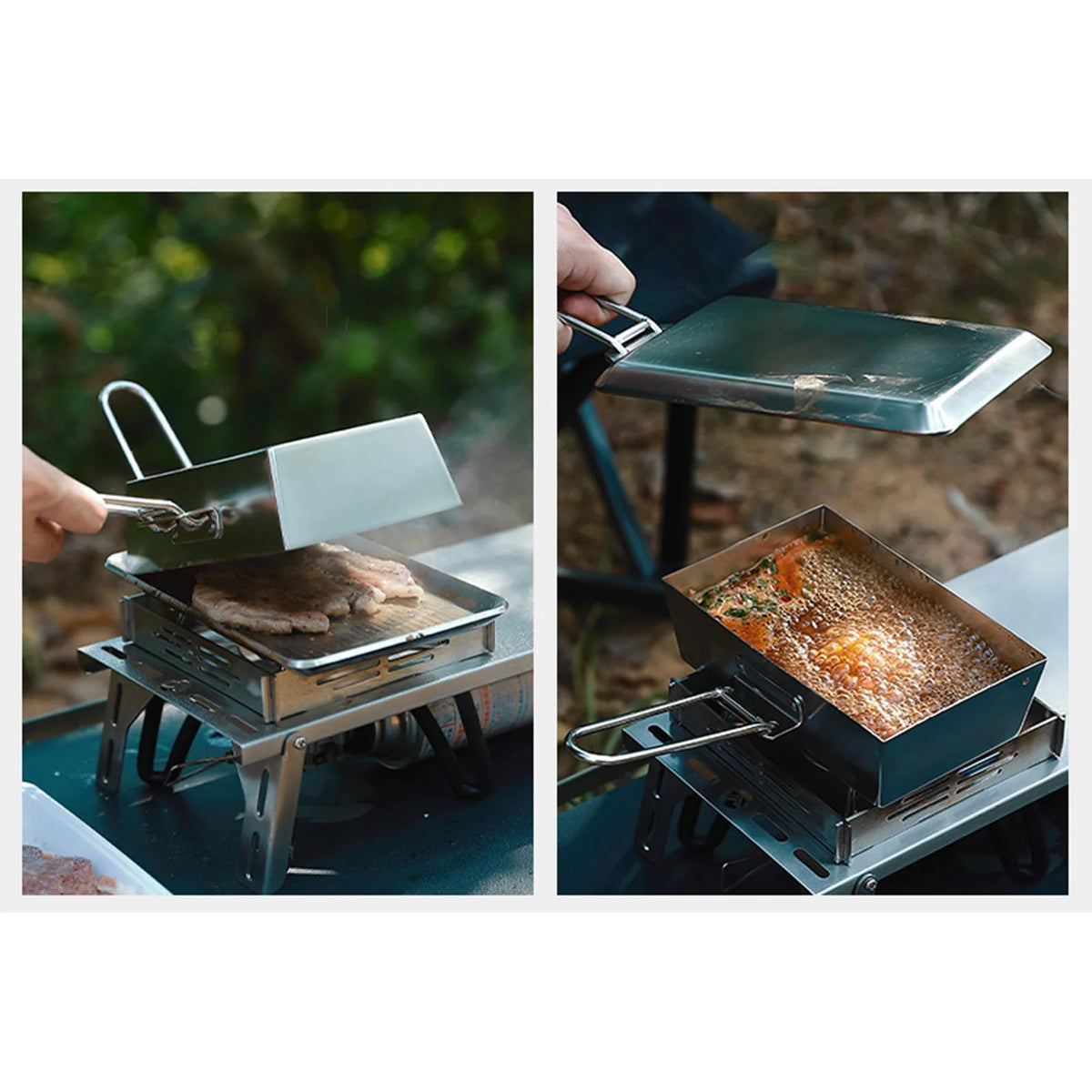 Stainless Steel Frying Pan Camping Pot with Lid Foldable Handle Cookware T214