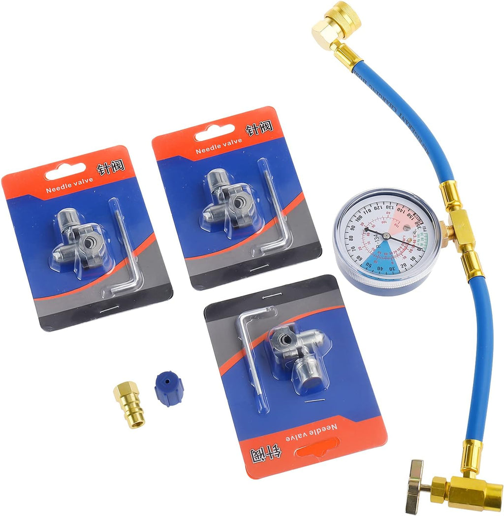 Refrigerant Charging Hose Gauge with 3 Pack Bullet Piercing Tap Valve Kit J4996