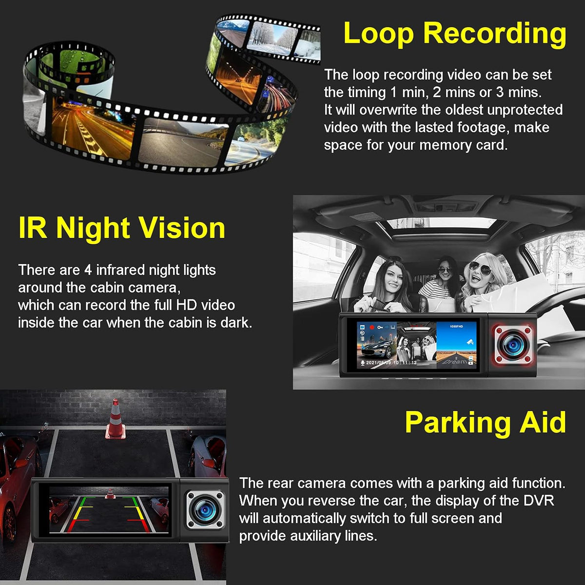 3 Channel Dash Cam Front and Rear Inside 1080P R591606