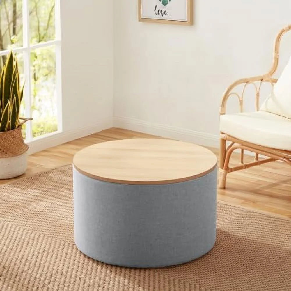 Large Round Linen Beige Coffee Table Ottoman with Lift Off Lid W3117