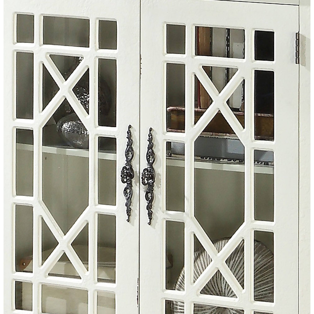 White 2 Door Accent Chest with Glass Inlay and Turned Feet T5642
