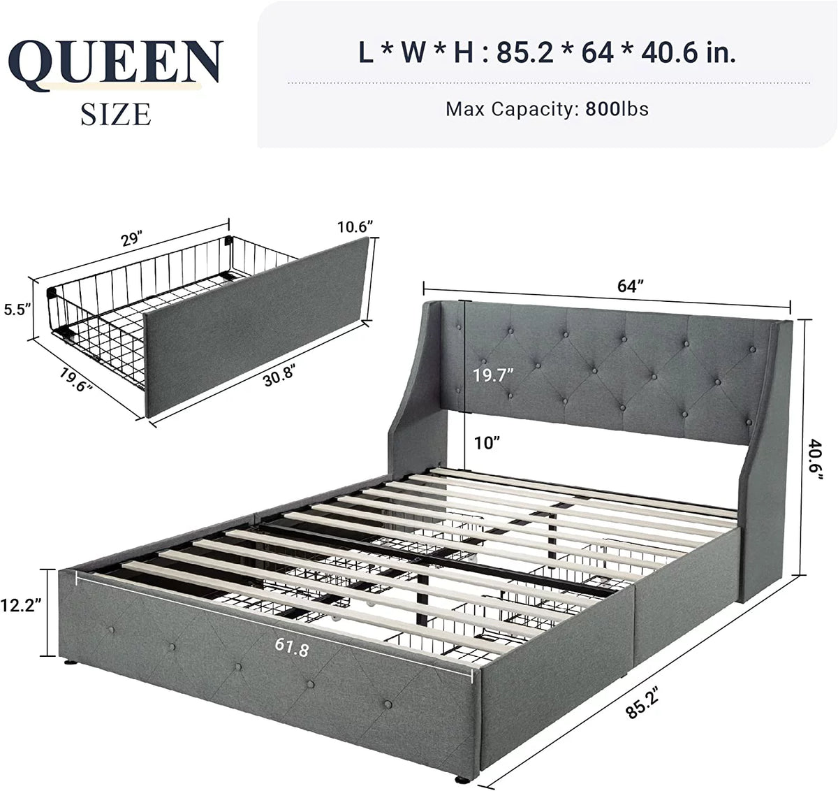 Queen Size Bed Frame with 4 Storage Drawers H320