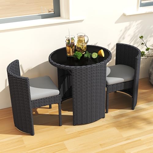 3 Pieces Aluminum Wicker Patio Bistro Set with Tempered Glass Table Black U323