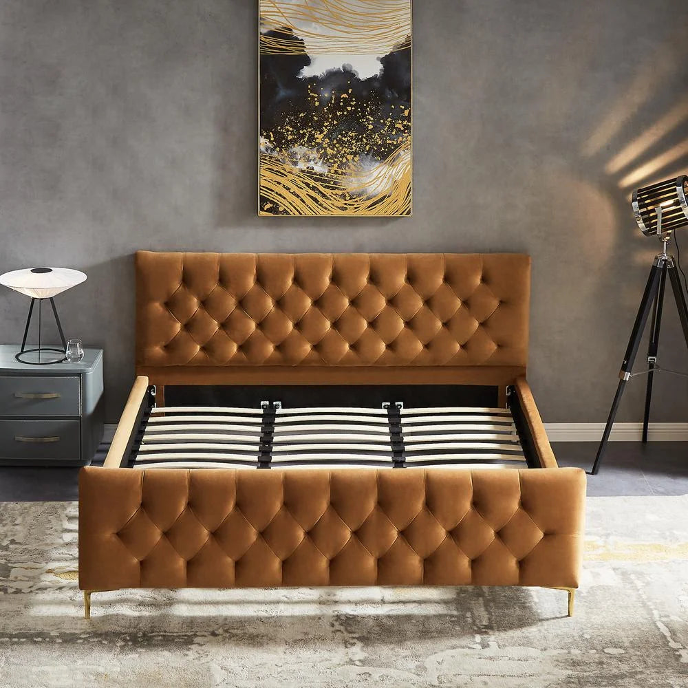 Tan Velvet Upholstered King Platform Bed Y878