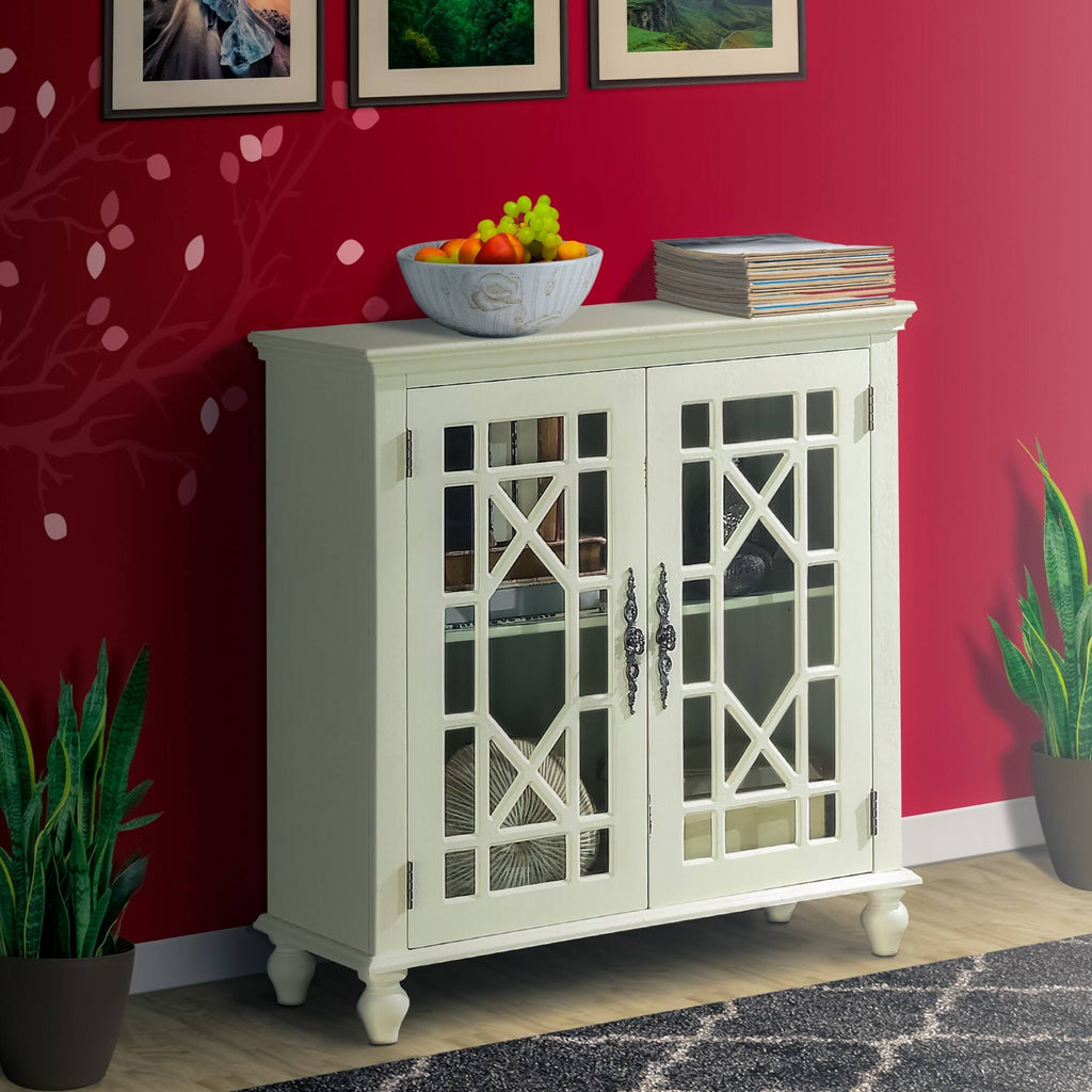 White 2 Door Accent Chest with Glass Inlay and Turned Feet T5642