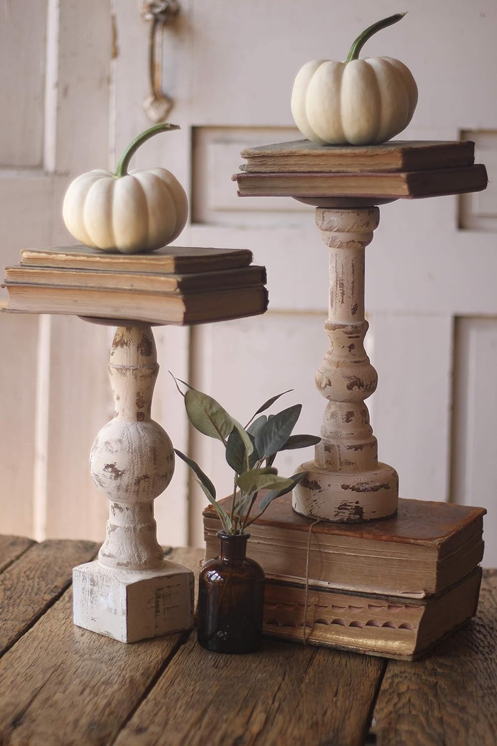 Antique White Wooden Candle Holders Set of 2 C994738