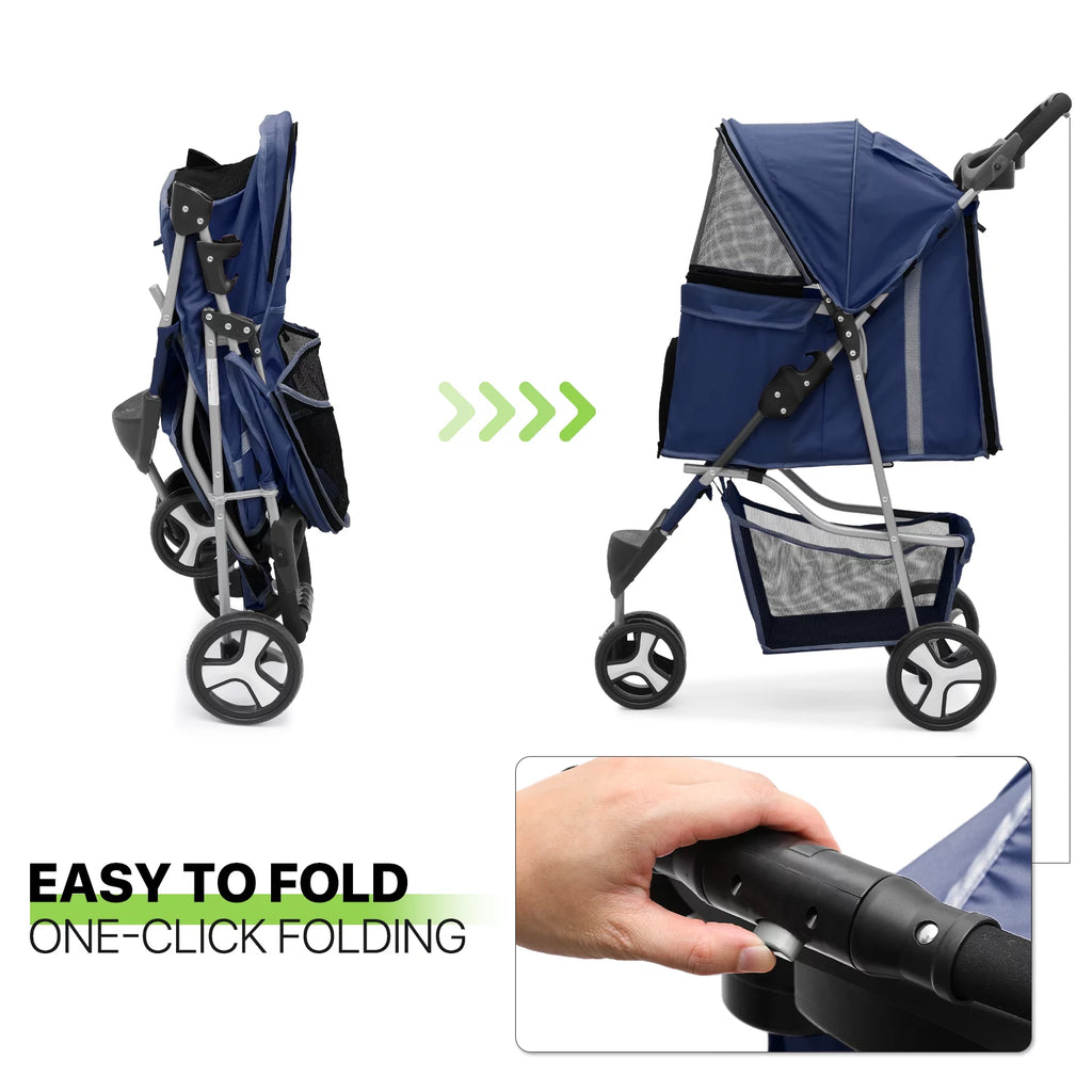 Foldable Pet Stroller with Wheels, Storage Basket and Cup Holder, Navy Blue Z315