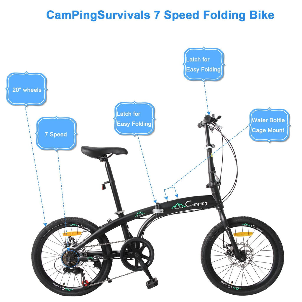20 Folding Bike, 7 Speed Lightweight City Commuter Bicycle, Black L149