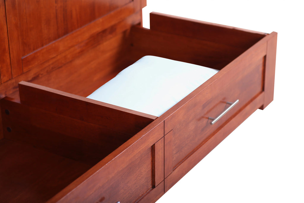 Queen Cherry Murphy Cabinet Chest Bed with Charging Station & 6" Memory Foam Mattress Q653502