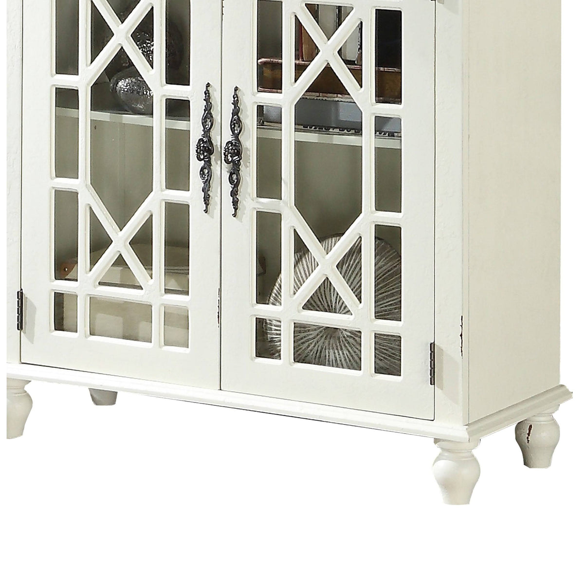 White 2 Door Accent Chest with Glass Inlay and Turned Feet T5642