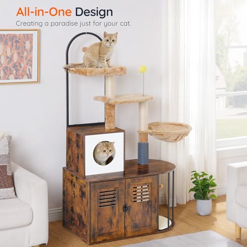 Cat Tree with Litter Box Enclosure, 31.5" Cat Tower with Sisal Posts, Hammock, Rustic Brown J4686