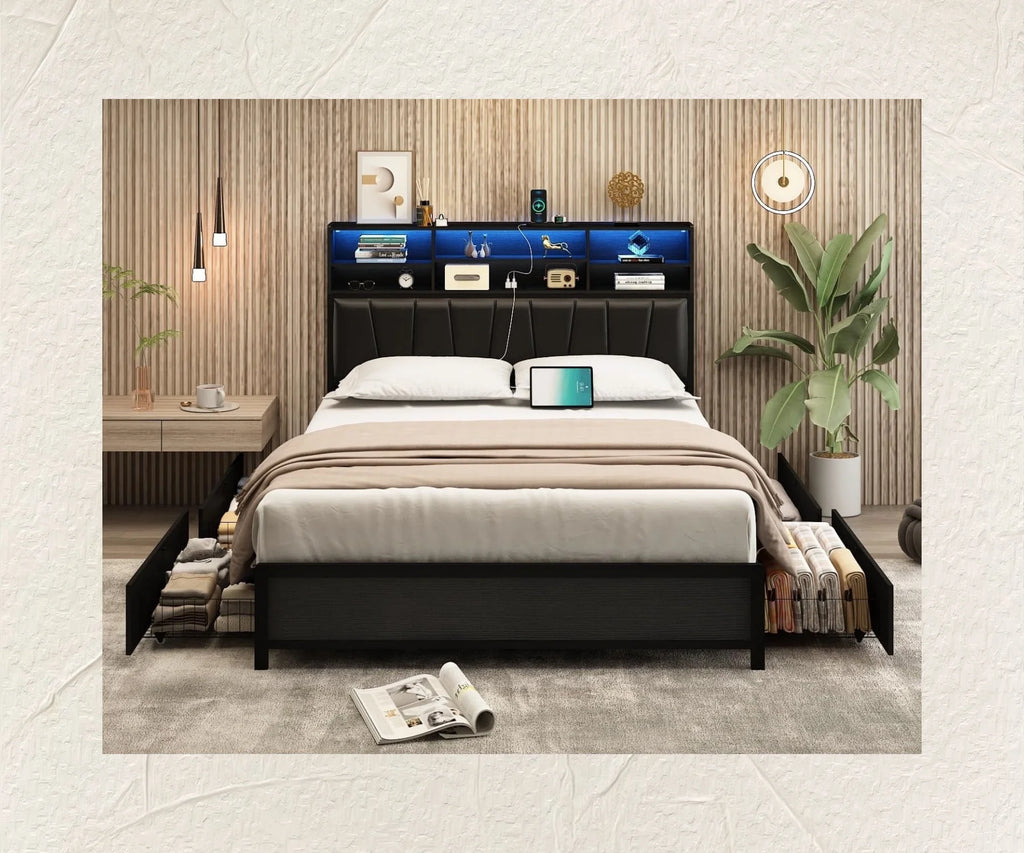 White Queen Size LED Storage Bed Frame with Charging Station V1913