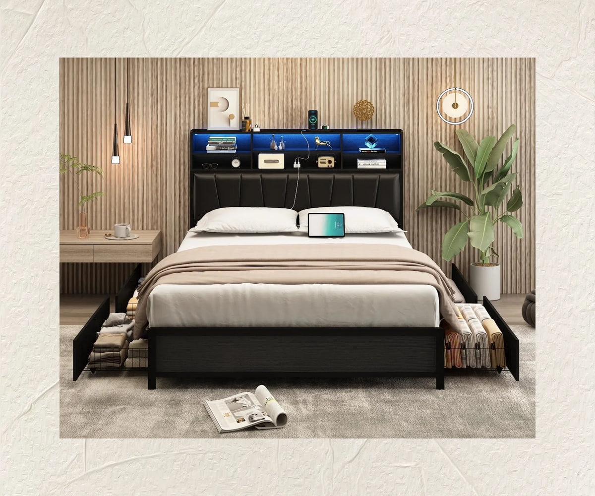 White Queen Size LED Storage Bed Frame with Charging Station V1913
