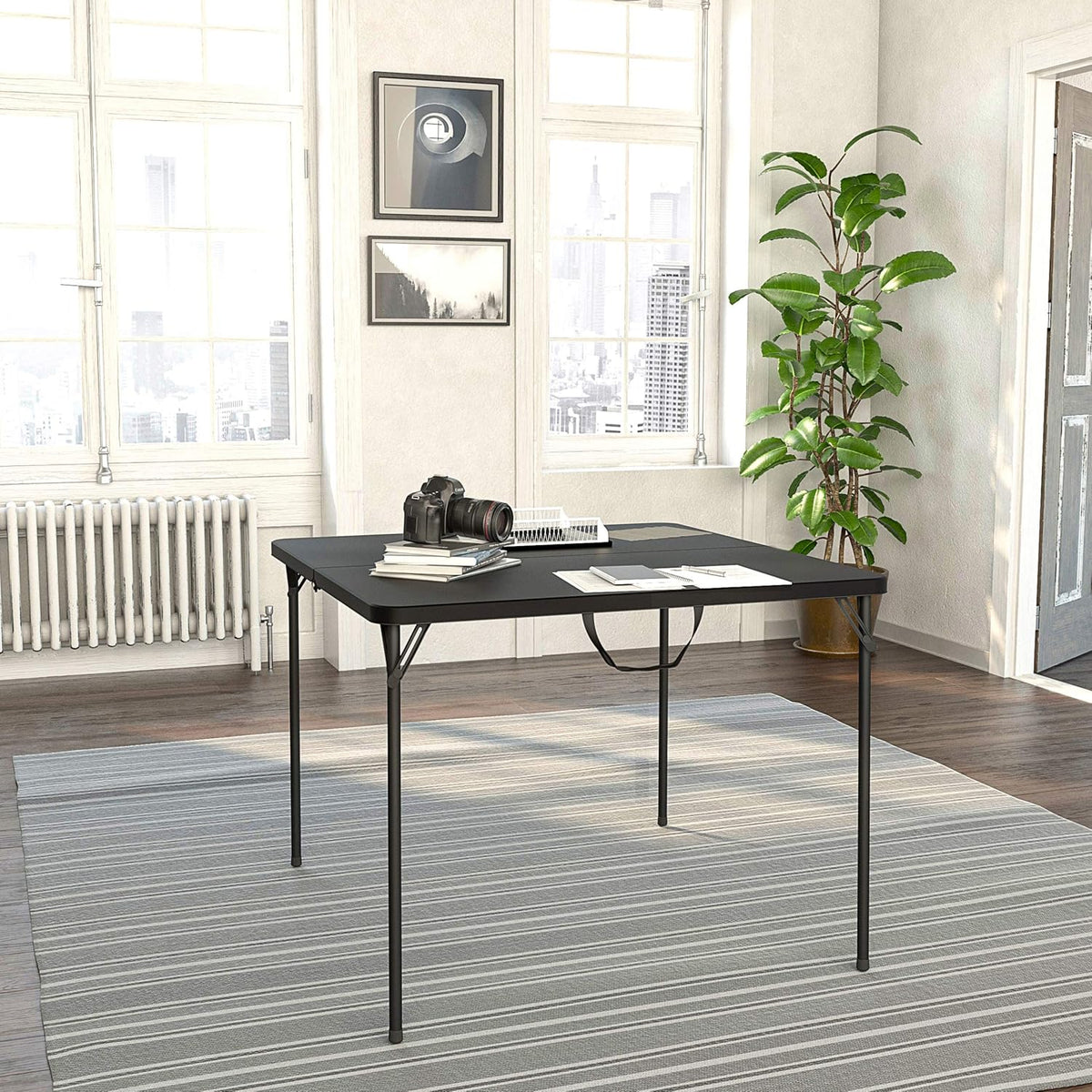 Black Fold-in-Half Card Table with Handle P6843